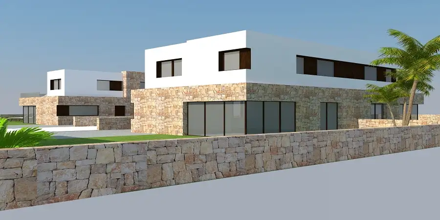 Plot with ready to go project of contemporary new development, four semi-detached villas in Cala Egos 